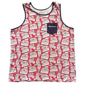 Budweiser Tank Top Men's Size XL 46-48 All Over Print Pocket Red White Blue Beer
